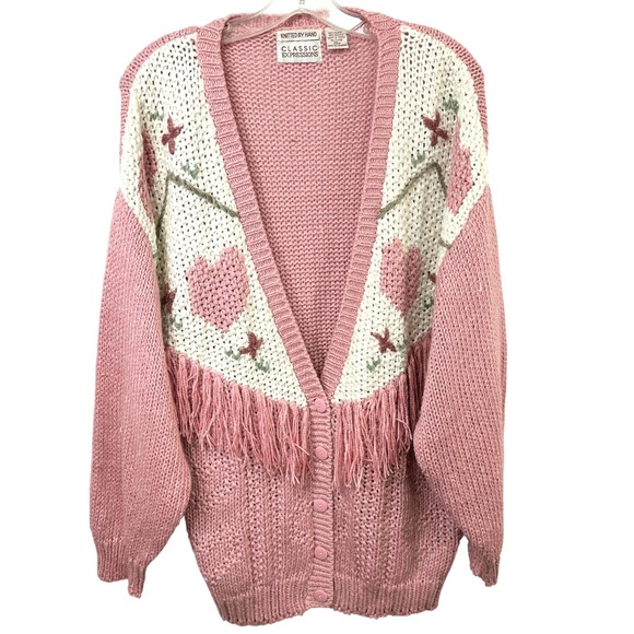 Classic Expressions Sweaters - VTG Plus Size 20W Sweater Pink Hand Knit Heart Fringe Cardigan Cottagecore 774